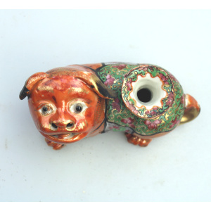 Antique Qing Chinese Canton famille rose porcelain Buddhist lion Candlestick