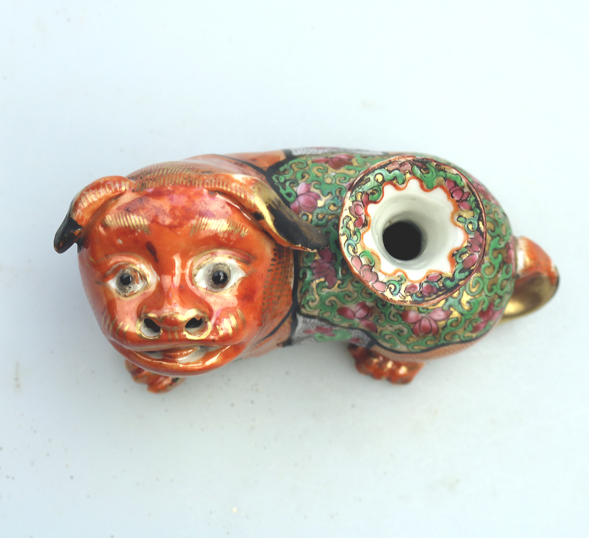 Antique Qing Chinese Canton famille rose porcelain Buddhist lion Candlestick