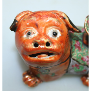 Antique Qing Chinese Canton famille rose porcelain Buddhist lion Candlestick