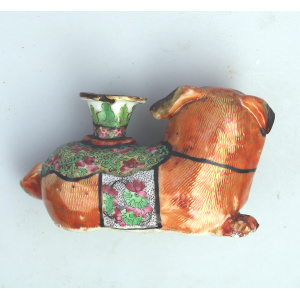 Antique Qing Chinese Canton famille rose porcelain Buddhist lion Candlestick