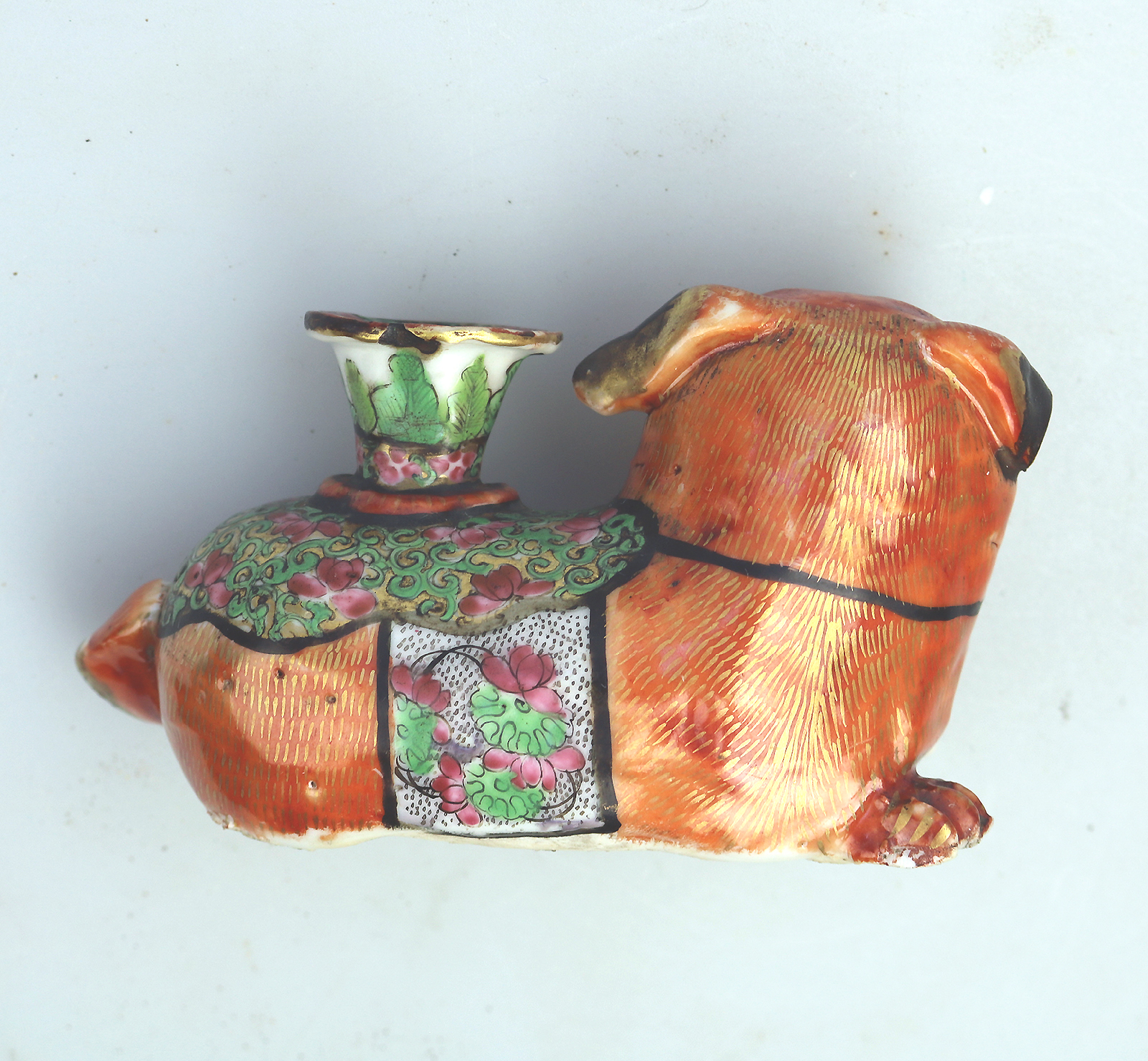 Antique Qing Chinese Canton famille rose porcelain Buddhist lion Candlestick