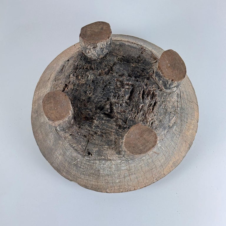 Rustic Hand-Carved Oak Mortar with Primitive Charm, Circa Late 1920s