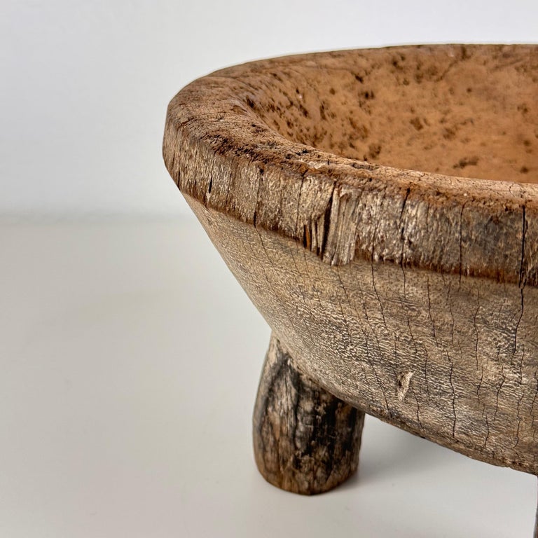 Rustic Hand-Carved Oak Mortar with Primitive Charm, Circa Late 1920s