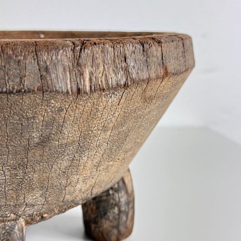Rustic Hand-Carved Oak Mortar with Primitive Charm, Circa Late 1920s
