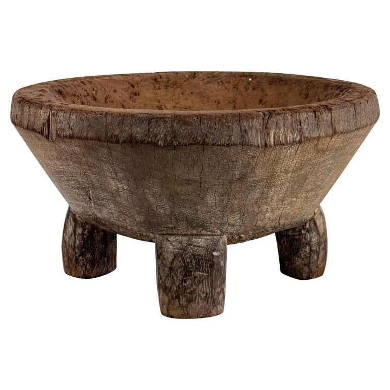Rustic Hand-Carved Oak Mortar with Primitive Charm, Circa Late 1920s