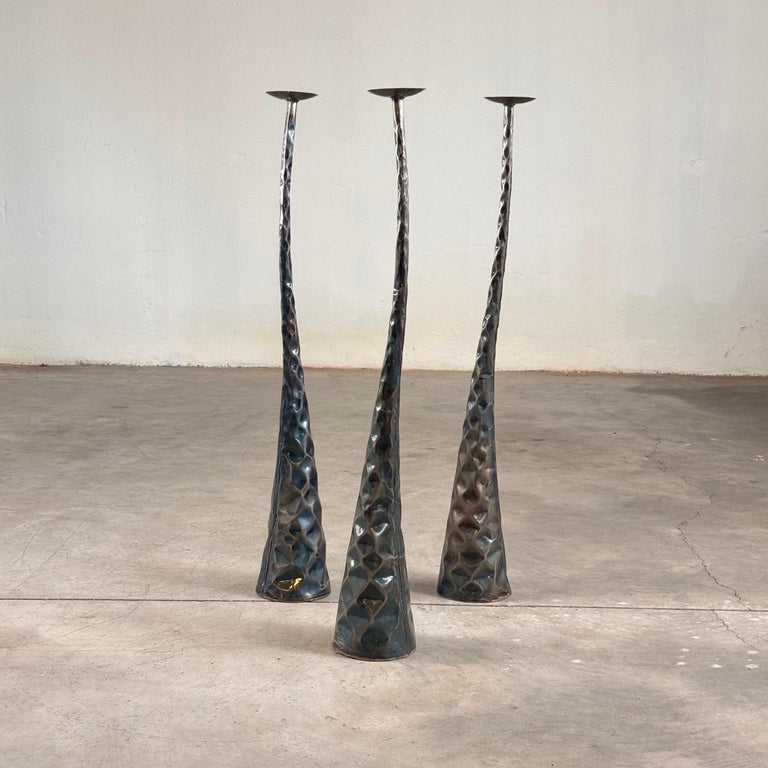 Sculptural Candle Holders in Burnished Metal, Set of 3, Italy, 1980s