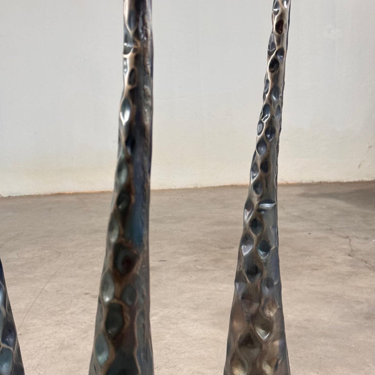 Sculptural Candle Holders in Burnished Metal, Set of 3, Italy, 1980s