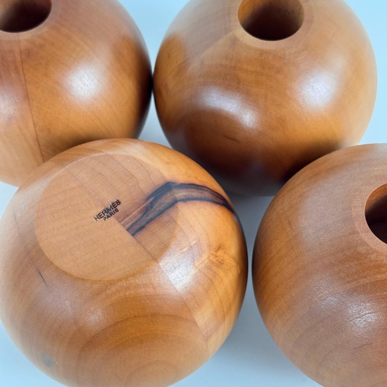 Set of 4 Spherical Pearwood Candleholders by Bottega Ghianda for Hermès, 1970s