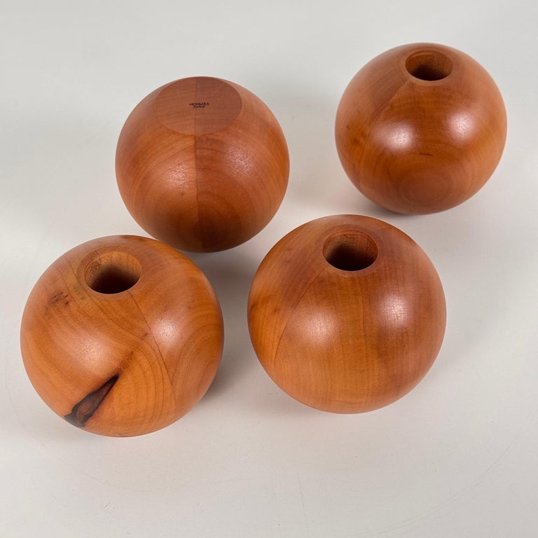 Set of 4 Spherical Pearwood Candleholders by Bottega Ghianda for Hermès, 1970s