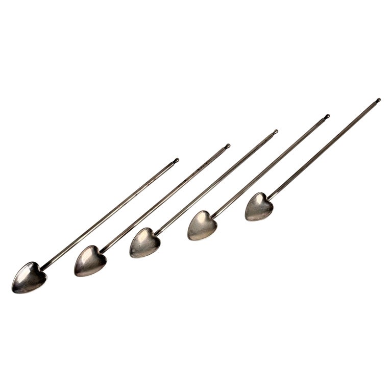 Set of 5 Mid-Century Cocktail Sipper Straws with Heart-Shaped Spoons, 1950s