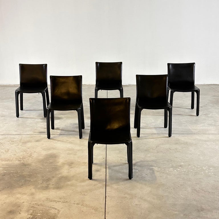 Set of Six CAB 412 Chairs by Mario Bellini for Cassina in Black Leather, 1970s