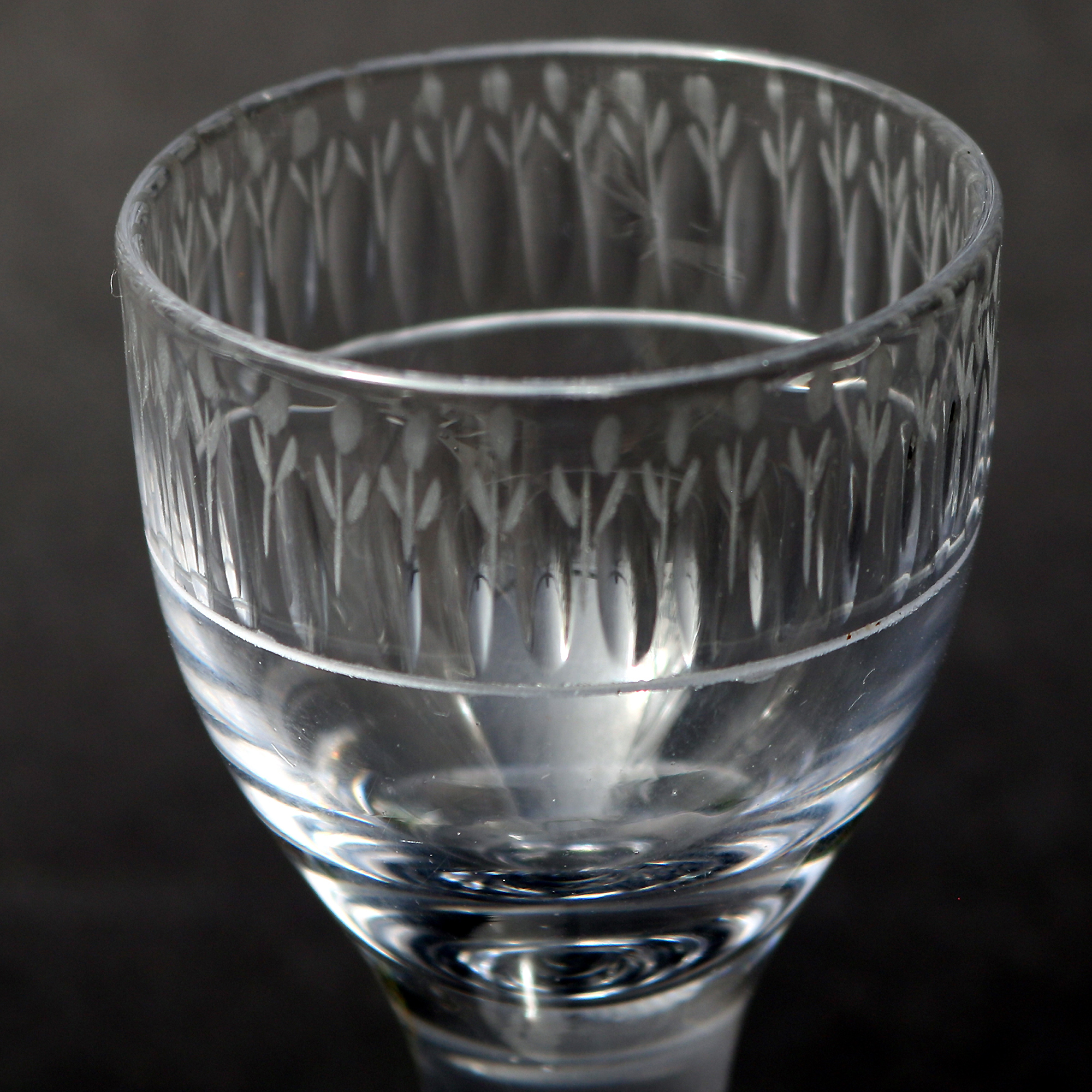 A very unusual antique Georgian stemware glass with engraved tulip border C.18thC
