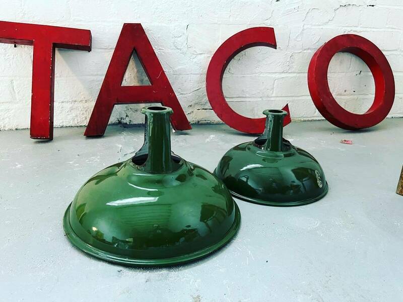 Vintage Industrial Lamp Shades X2 Green
