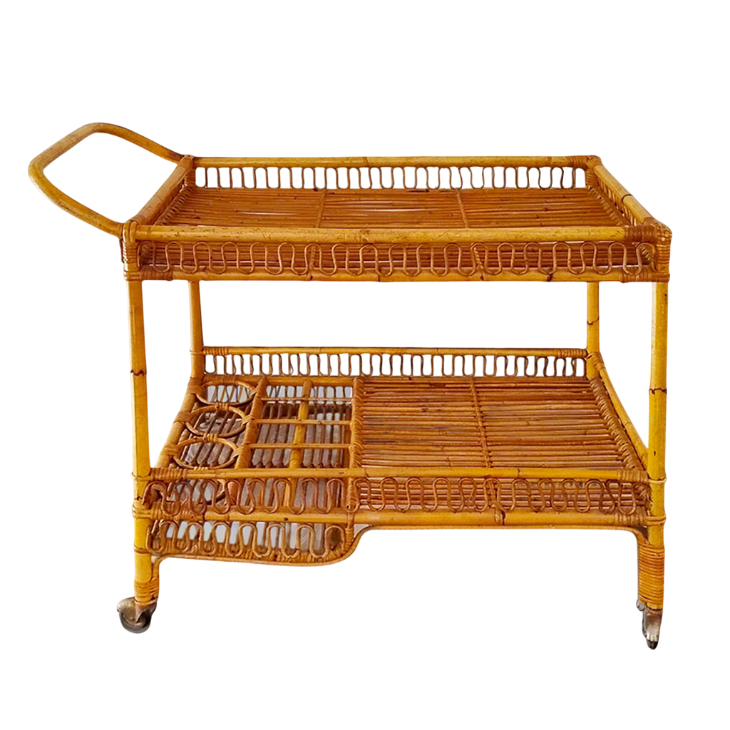 1960s Gorgeous Bamboo & Rattan Serving Bar Cart Trolley by Franco Albini.