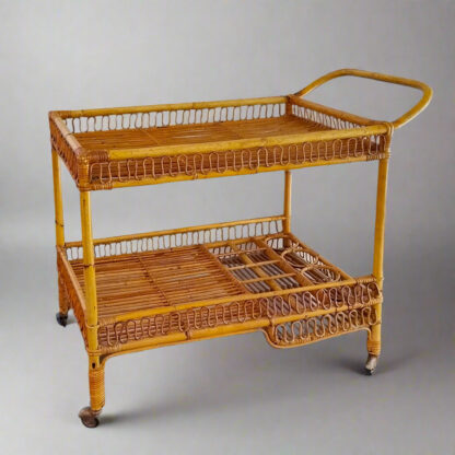 1960s Gorgeous Bamboo & Rattan Serving Bar Cart Trolley by Franco Albini. - Image 5