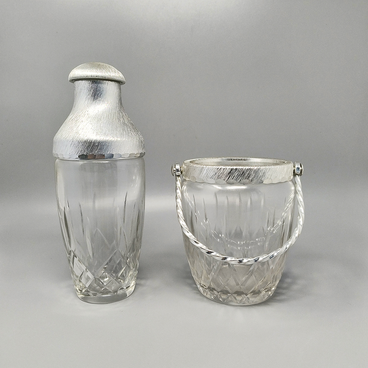 1960s Gorgeous Cut Crystal Cocktail Shaker with Ice Bucket by Arir. Made in Italy.