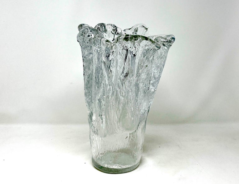 1960s Swedish Pukeberg Heavy Glass Ice Vase by Uno Westerberg, MCM