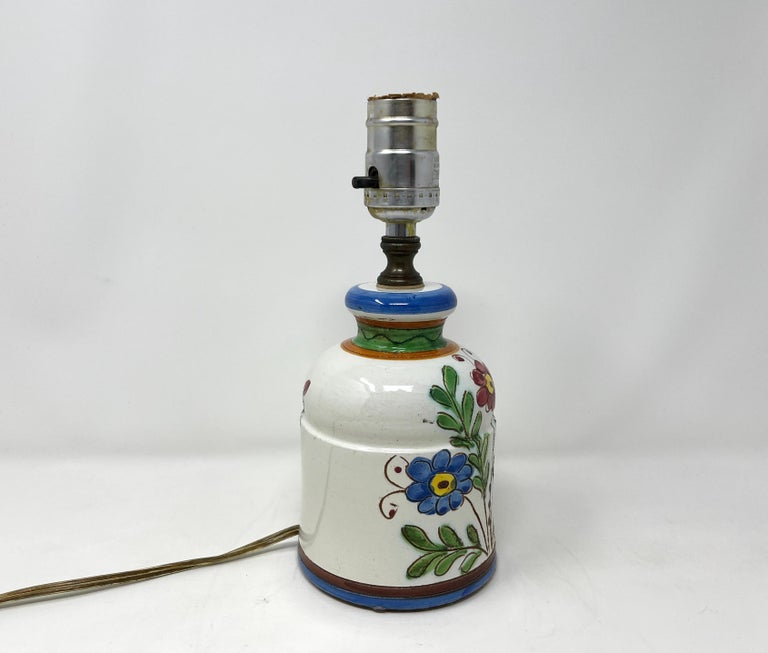 20th Century Italian Ceramic Hand-painted Petite Lamp, Sgraffitto Floral Design