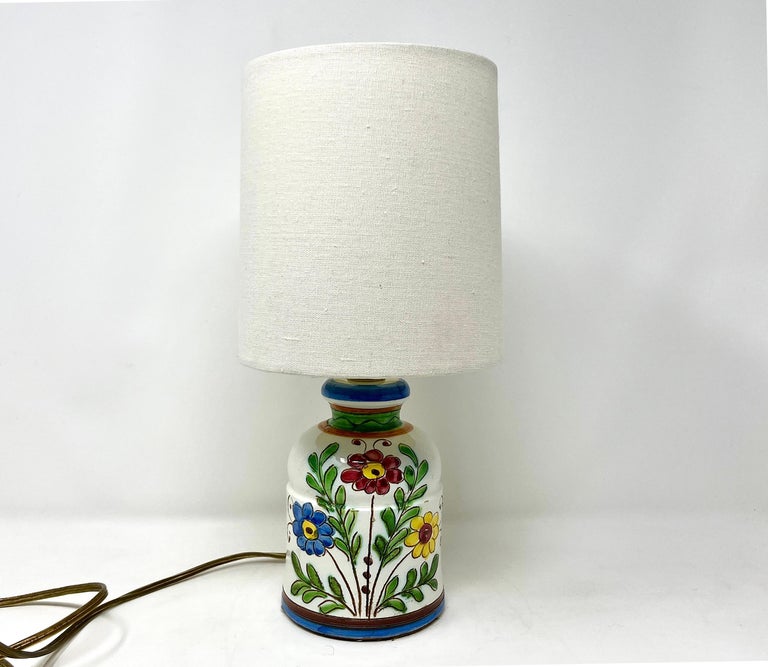 20th Century Italian Ceramic Hand-painted Petite Lamp, Sgraffitto Floral Design
