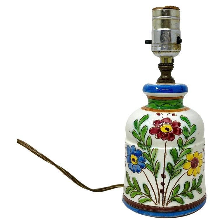 20th Century Italian Ceramic Hand-painted Petite Lamp, Sgraffitto Floral Design
