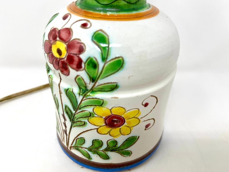 20th Century Italian Ceramic Hand-painted Petite Lamp, Sgraffitto Floral Design