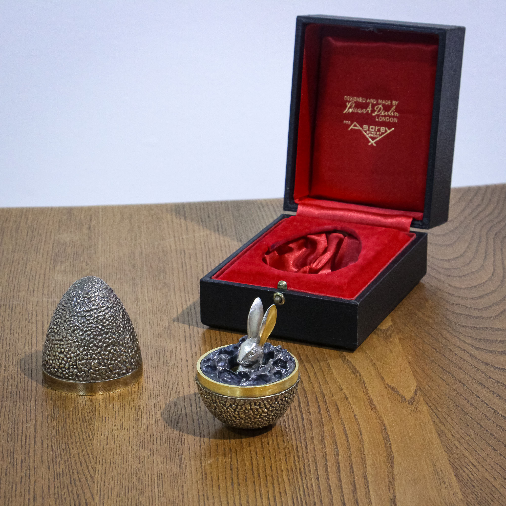 Cased Stuart Devlin for Asprey Silver Gilt Egg with Hare