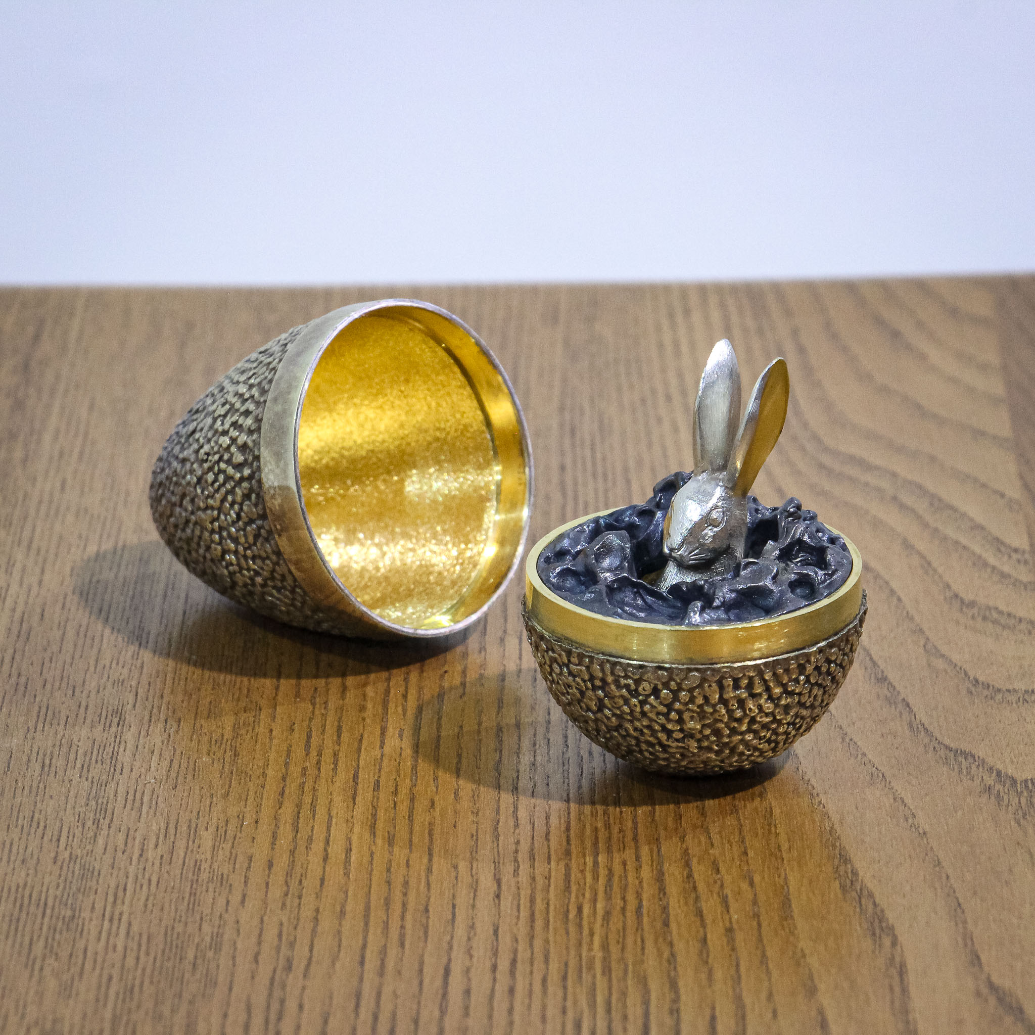 Cased Stuart Devlin for Asprey Silver Gilt Egg with Hare