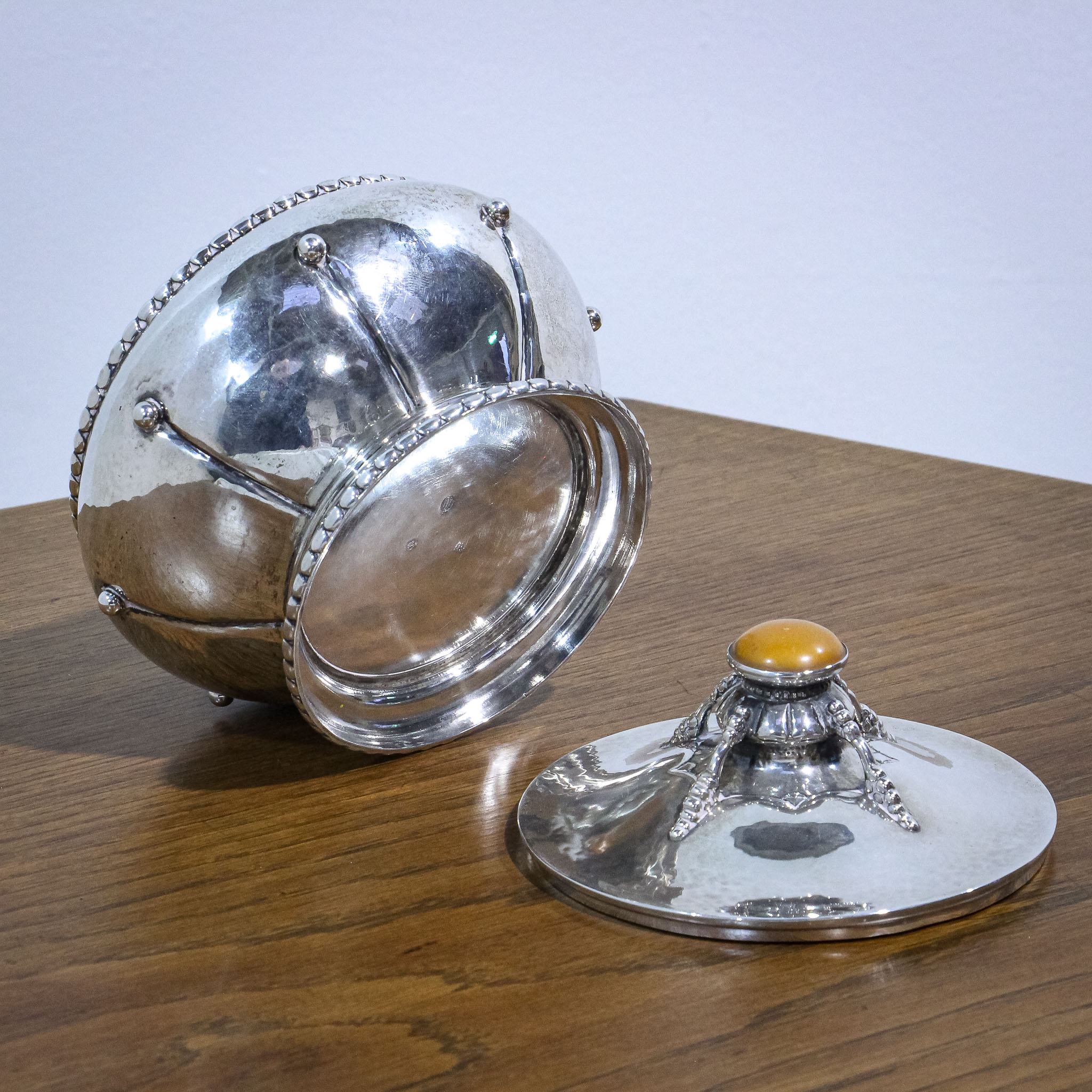 Danish Silver Arts & Crafts Tea Caddy with Amber Knop