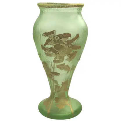 A large antique French Mont Joye Legras French Art Nouveau glass acid-etched gilded Vase C.1890+