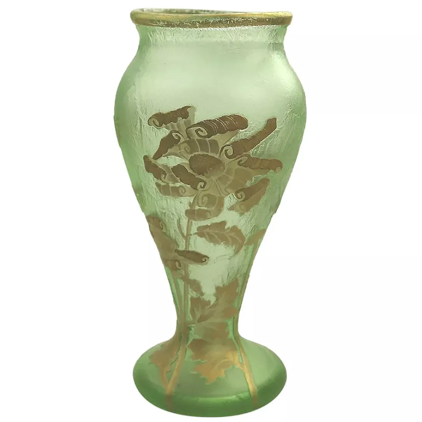 A large antique French Mont Joye Legras French Art Nouveau glass acid-etched gilded Vase C.1890+