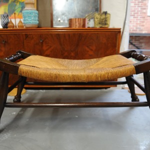 Antique Arts & Crafts Oak & Rush Bench Stool, 1900s