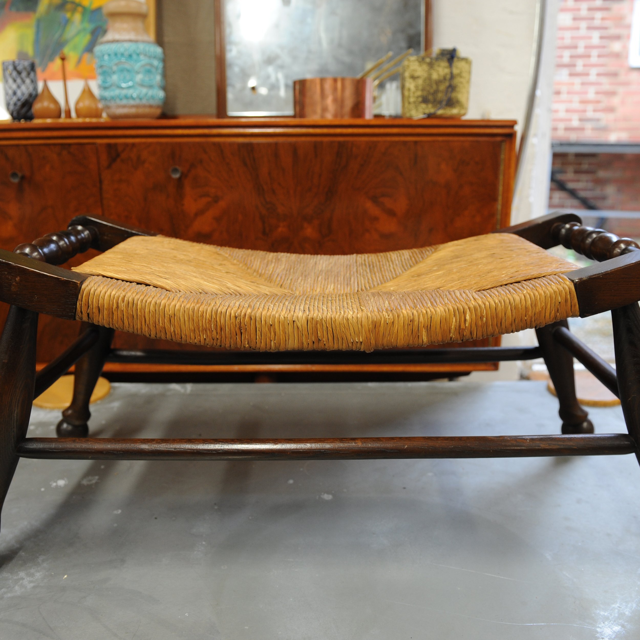Antique Arts & Crafts Oak & Rush Bench Stool, 1900s