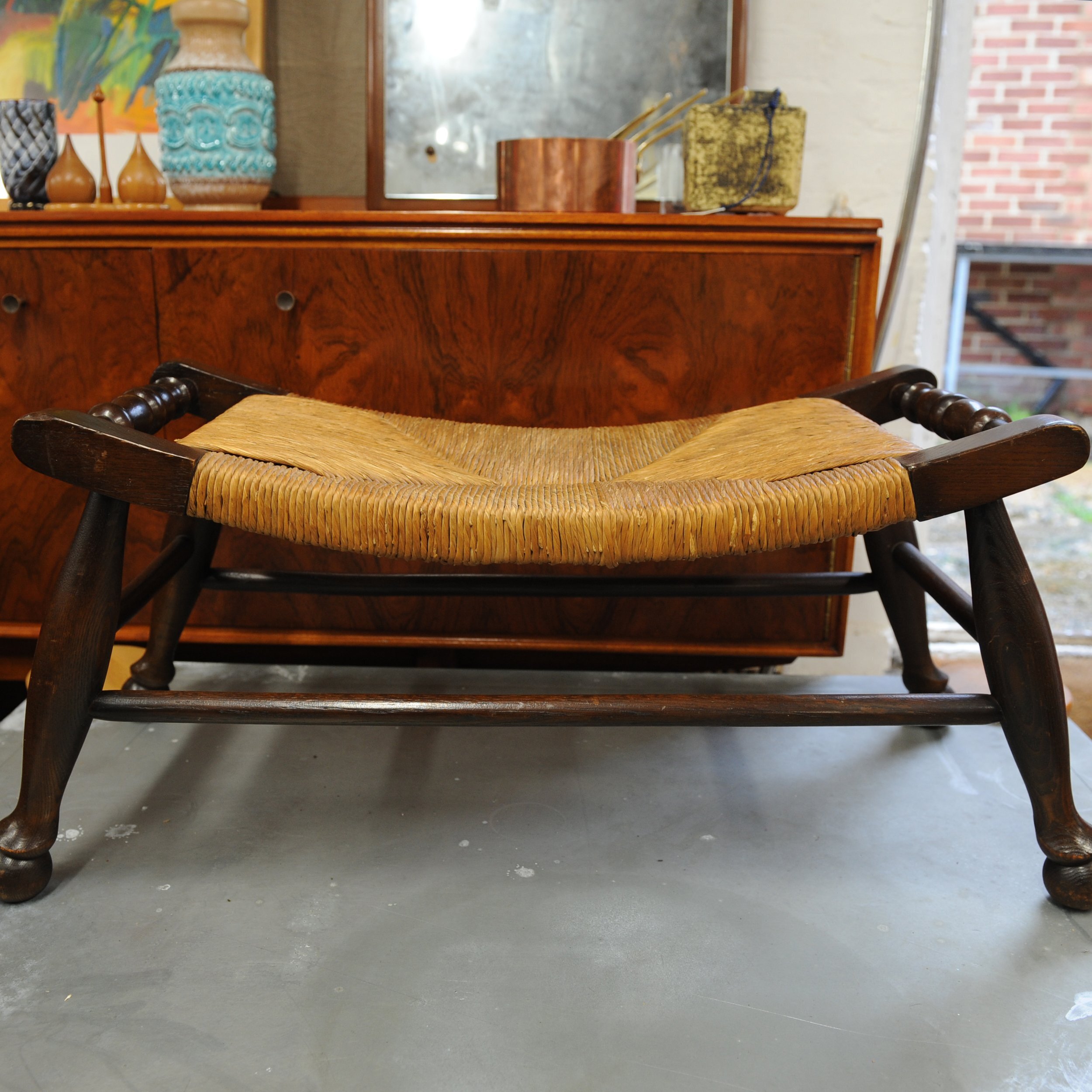 Antique Arts & Crafts Oak & Rush Bench Stool, 1900s