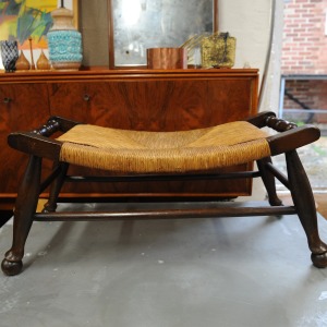Antique Arts & Crafts Oak & Rush Bench Stool, 1900s