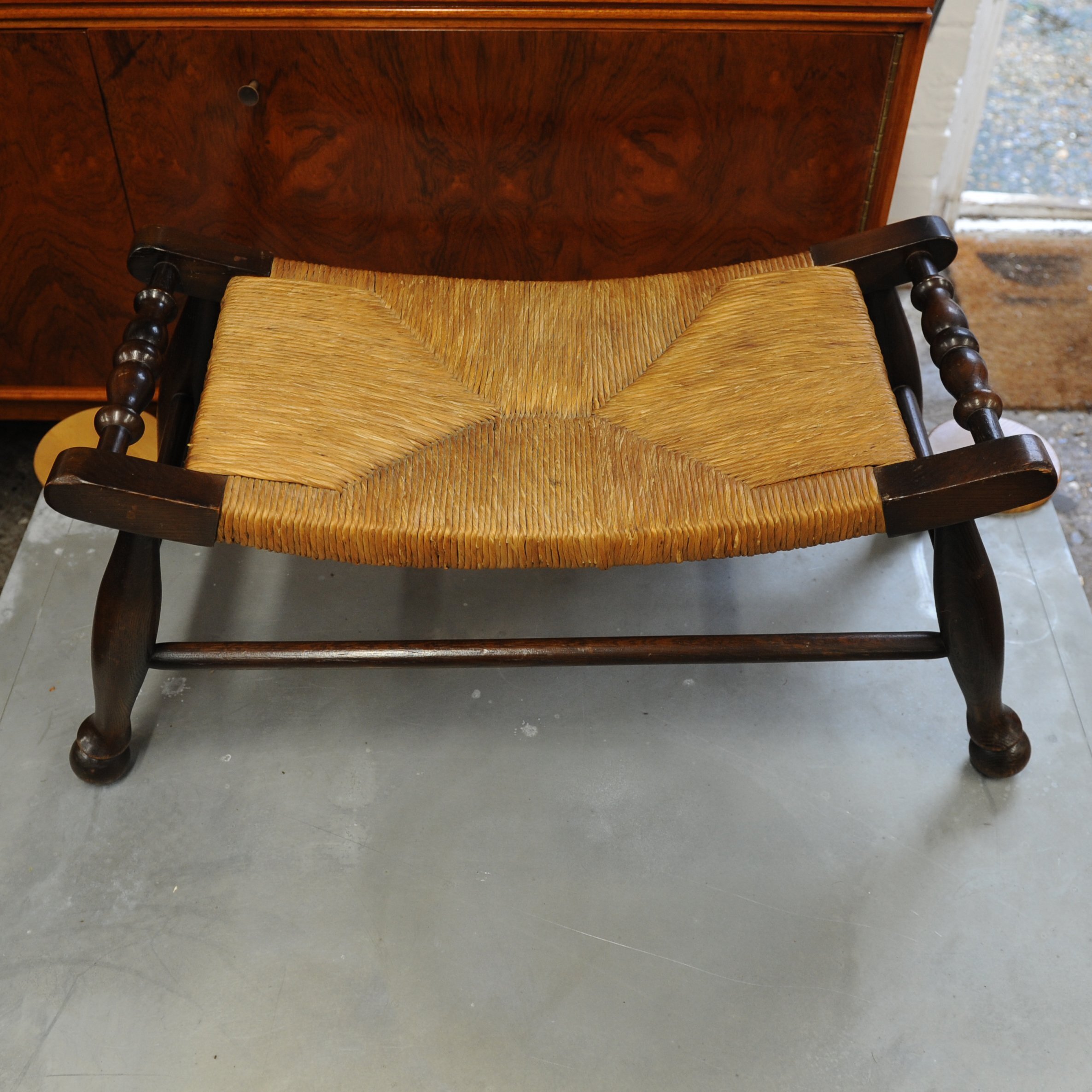 Antique Arts & Crafts Oak & Rush Bench Stool, 1900s