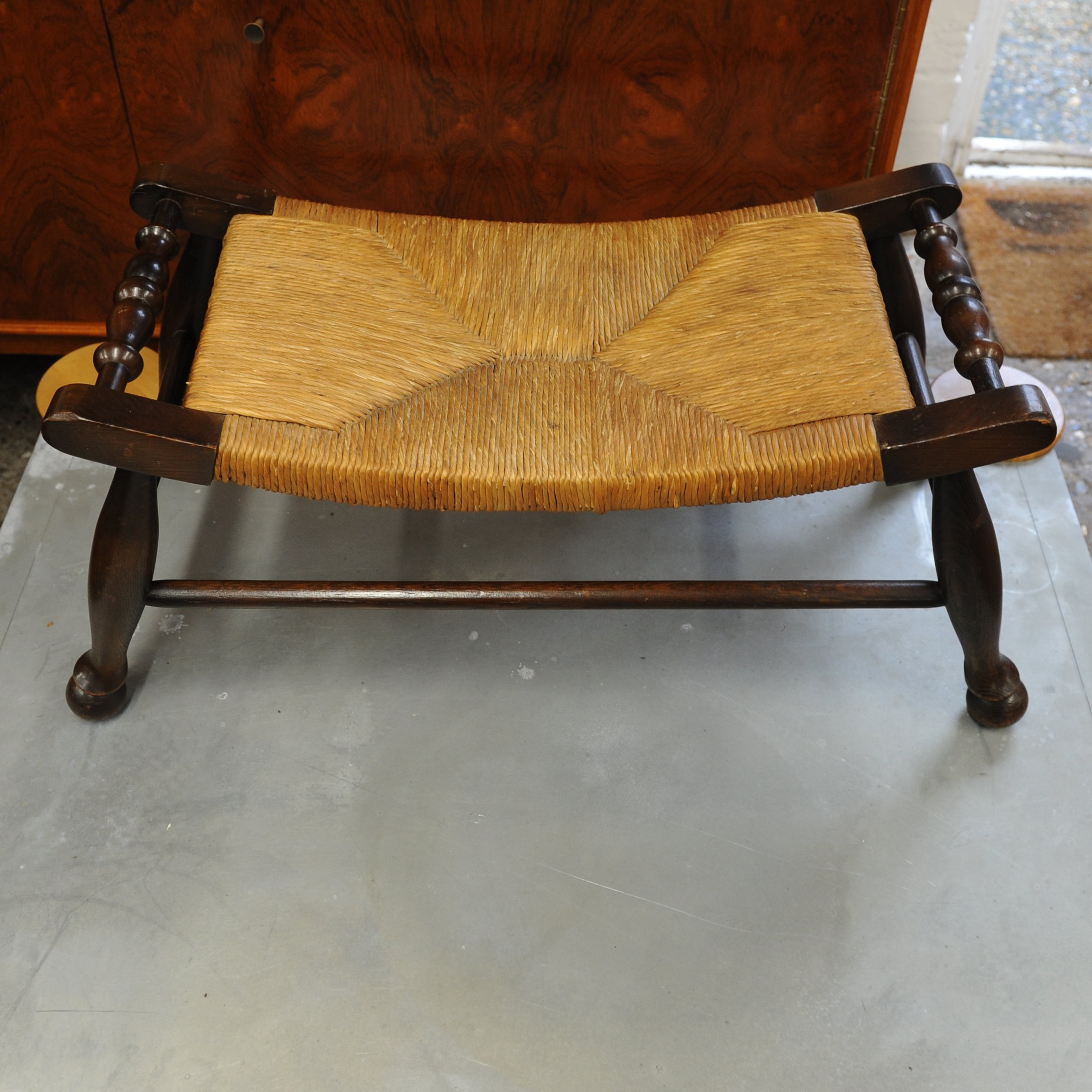 Antique Arts & Crafts Oak & Rush Bench Stool, 1900s