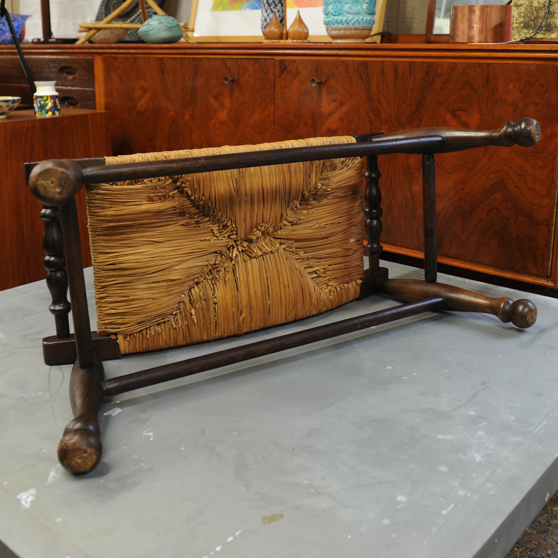 Antique Arts & Crafts Oak & Rush Bench Stool, 1900s