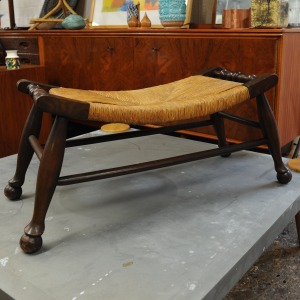 Antique Arts & Crafts Oak & Rush Bench Stool, 1900s