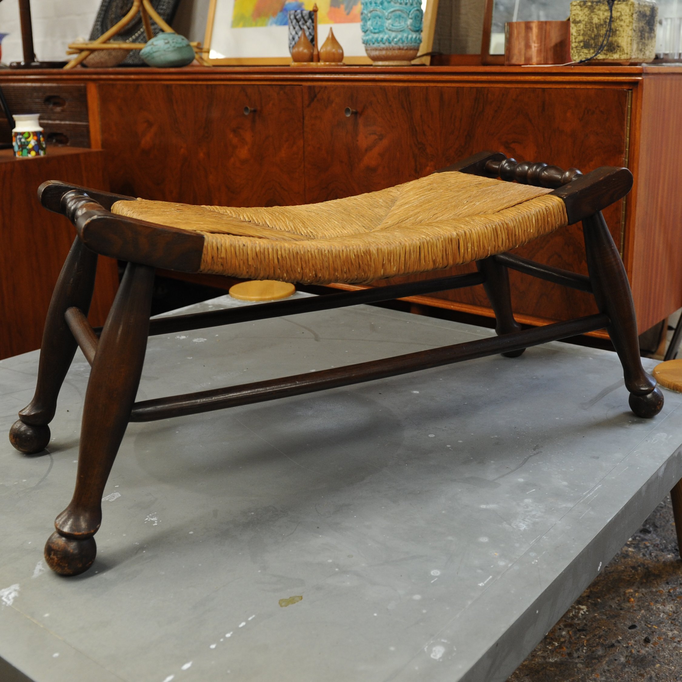 Antique Arts & Crafts Oak & Rush Bench Stool, 1900s