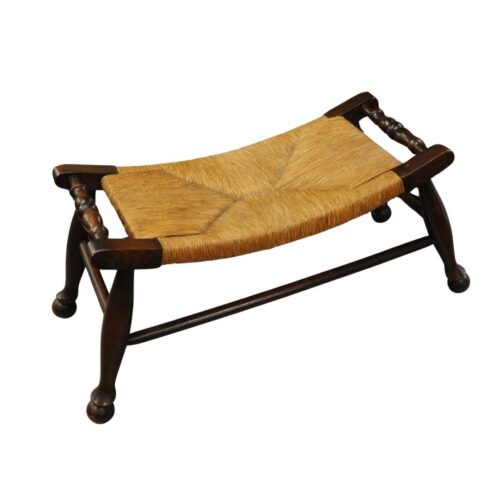 Antique Arts & Crafts Oak & Rush Bench Stool, 1900s