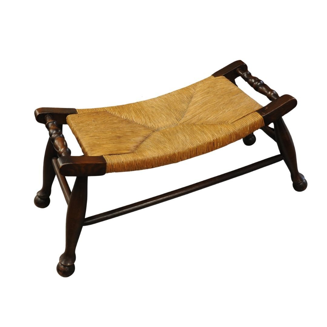 Antique Arts & Crafts Oak & Rush Bench Stool, 1900s