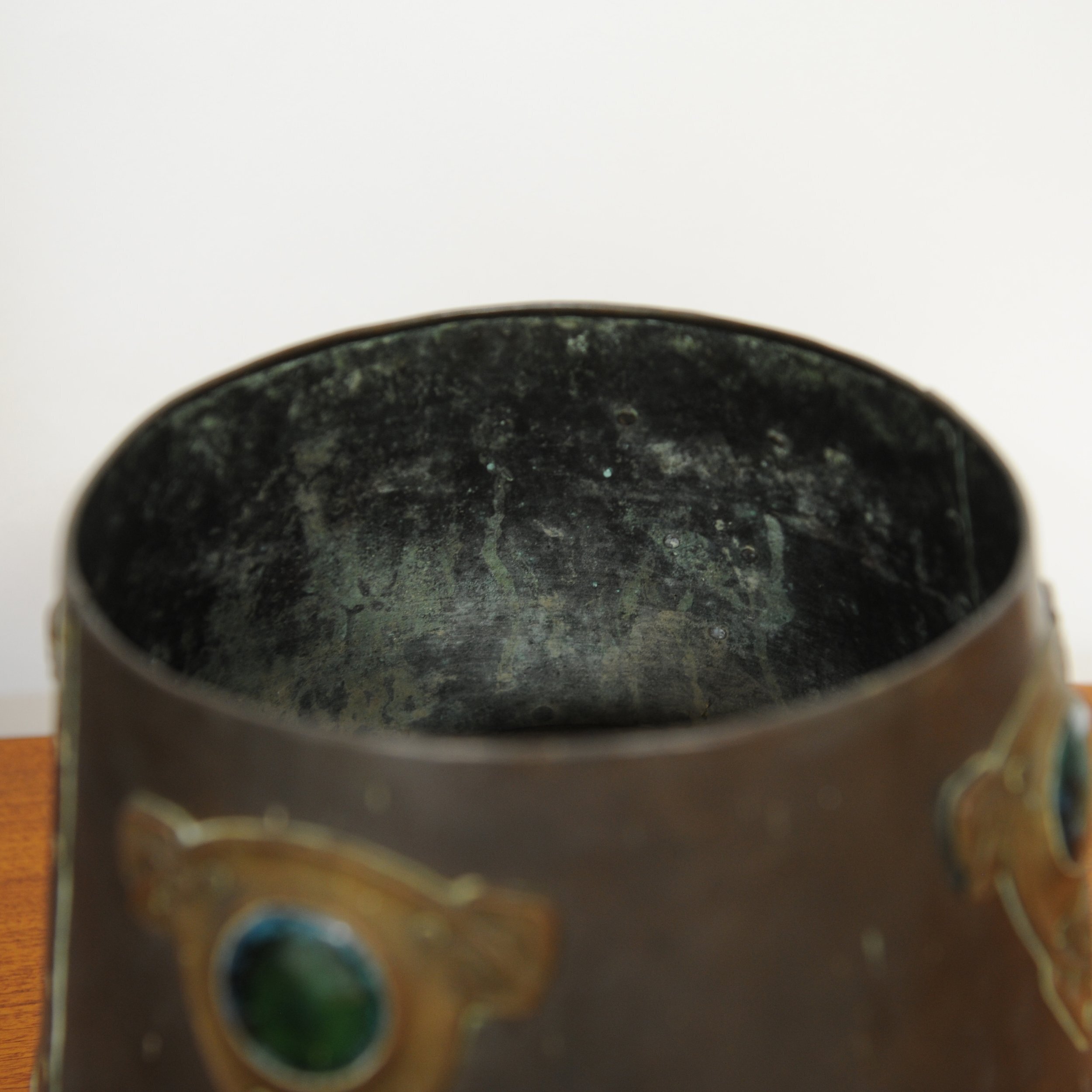 Art Nouveau Metal Cylindrical Plant Pot With Ornate Details & Enamel, 1910