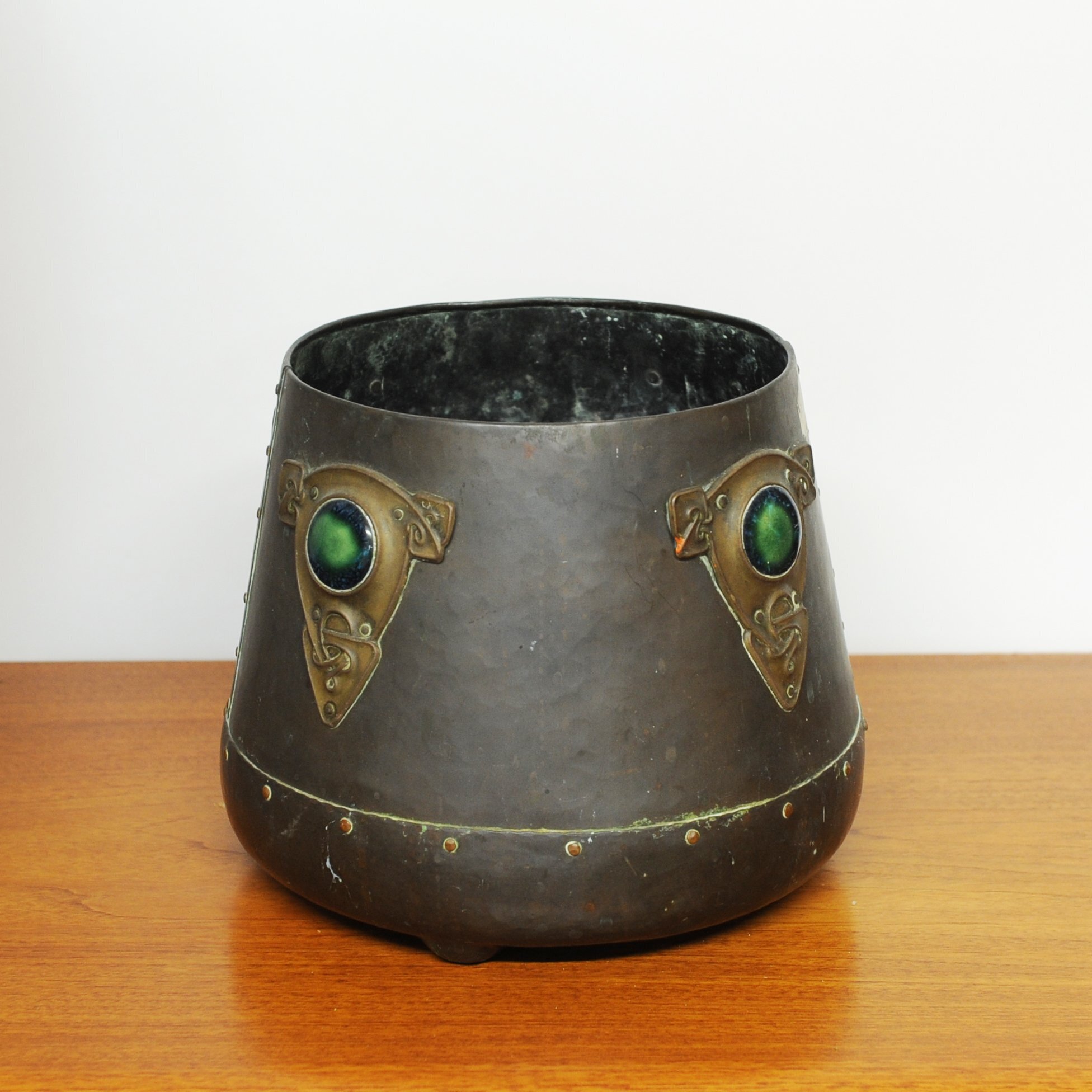 Art Nouveau Metal Cylindrical Plant Pot With Ornate Details & Enamel, 1910