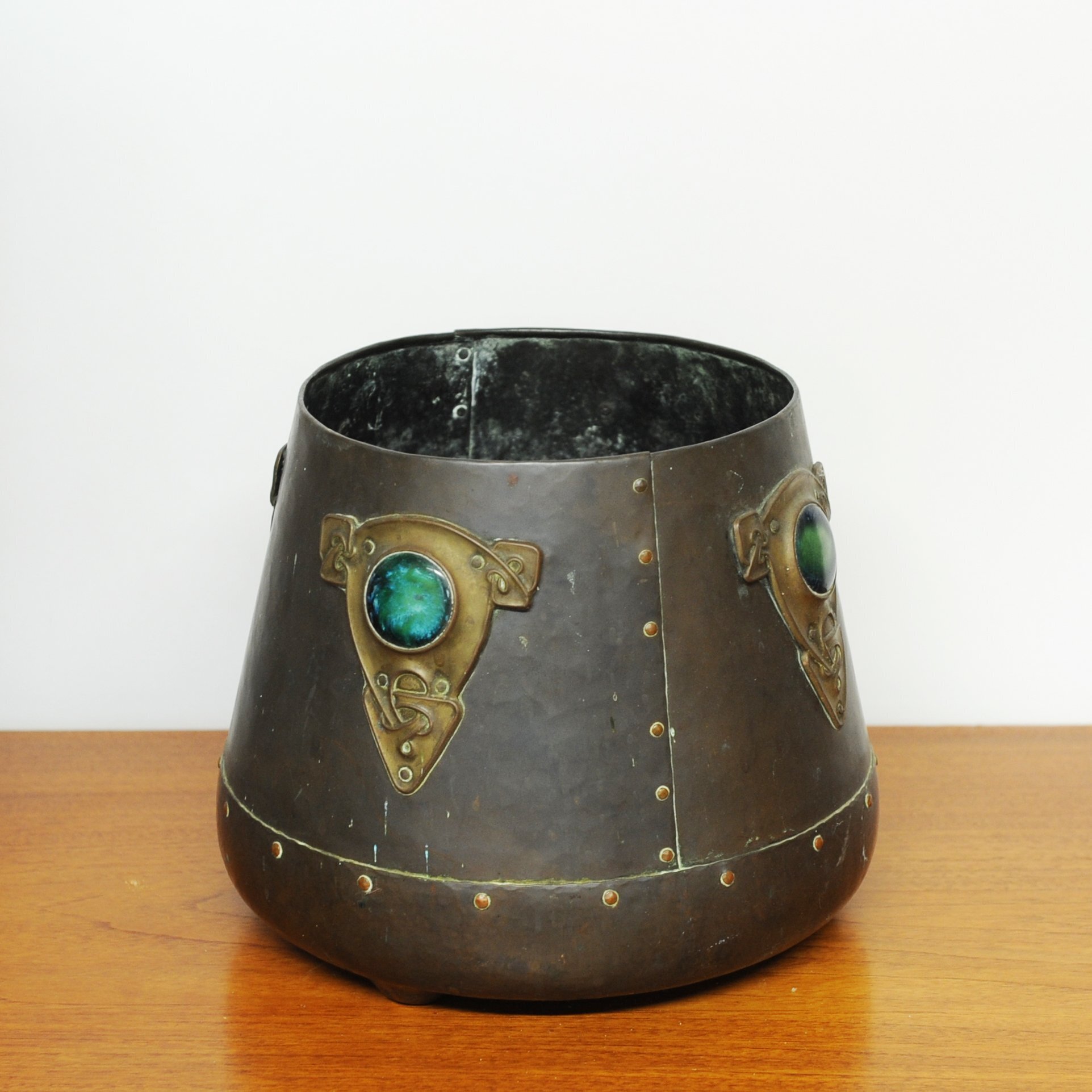 Art Nouveau Metal Cylindrical Plant Pot With Ornate Details & Enamel, 1910