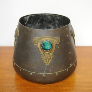 Art Nouveau Metal Cylindrical Plant Pot With Ornate Details & Enamel, 1910