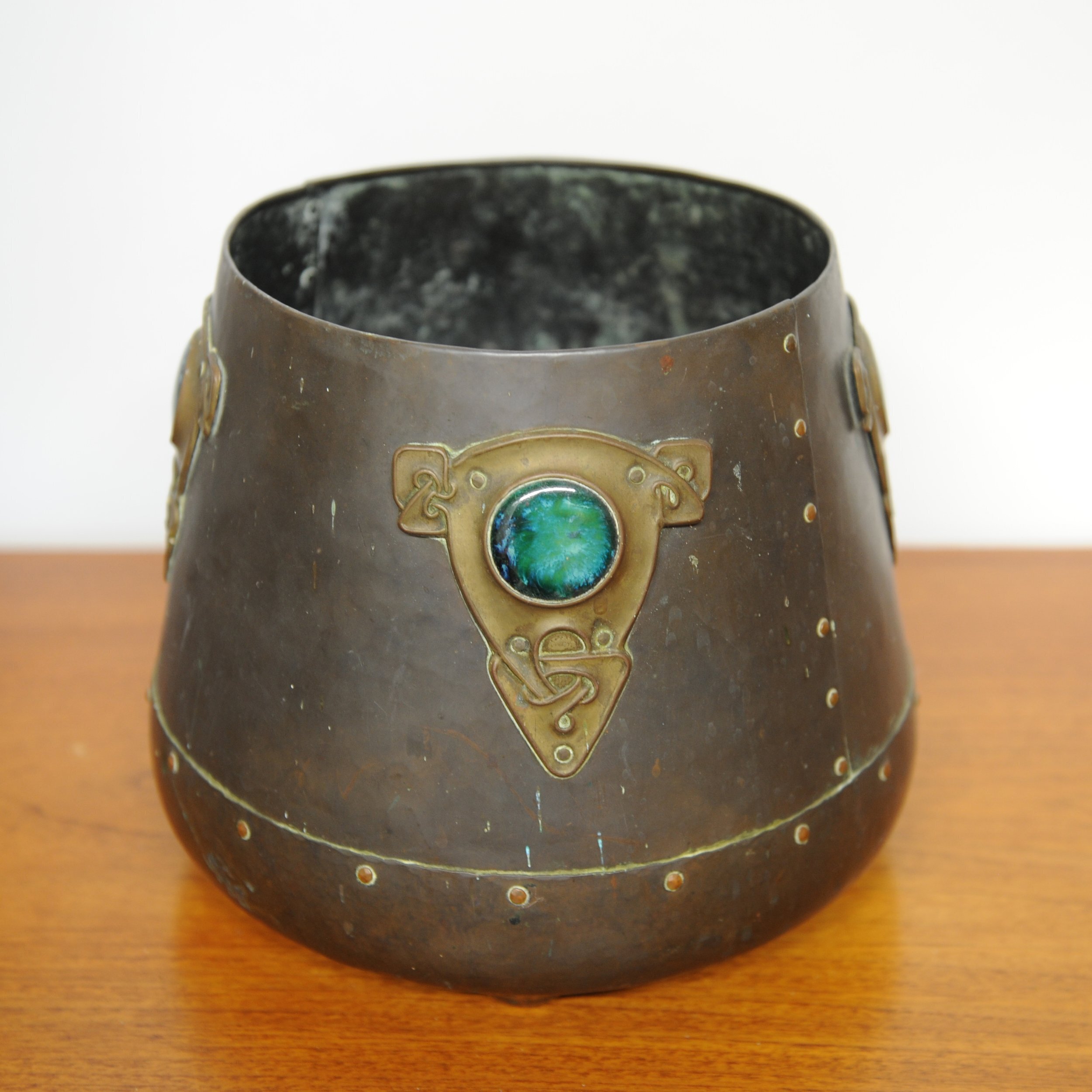 Art Nouveau Metal Cylindrical Plant Pot With Ornate Details & Enamel, 1910