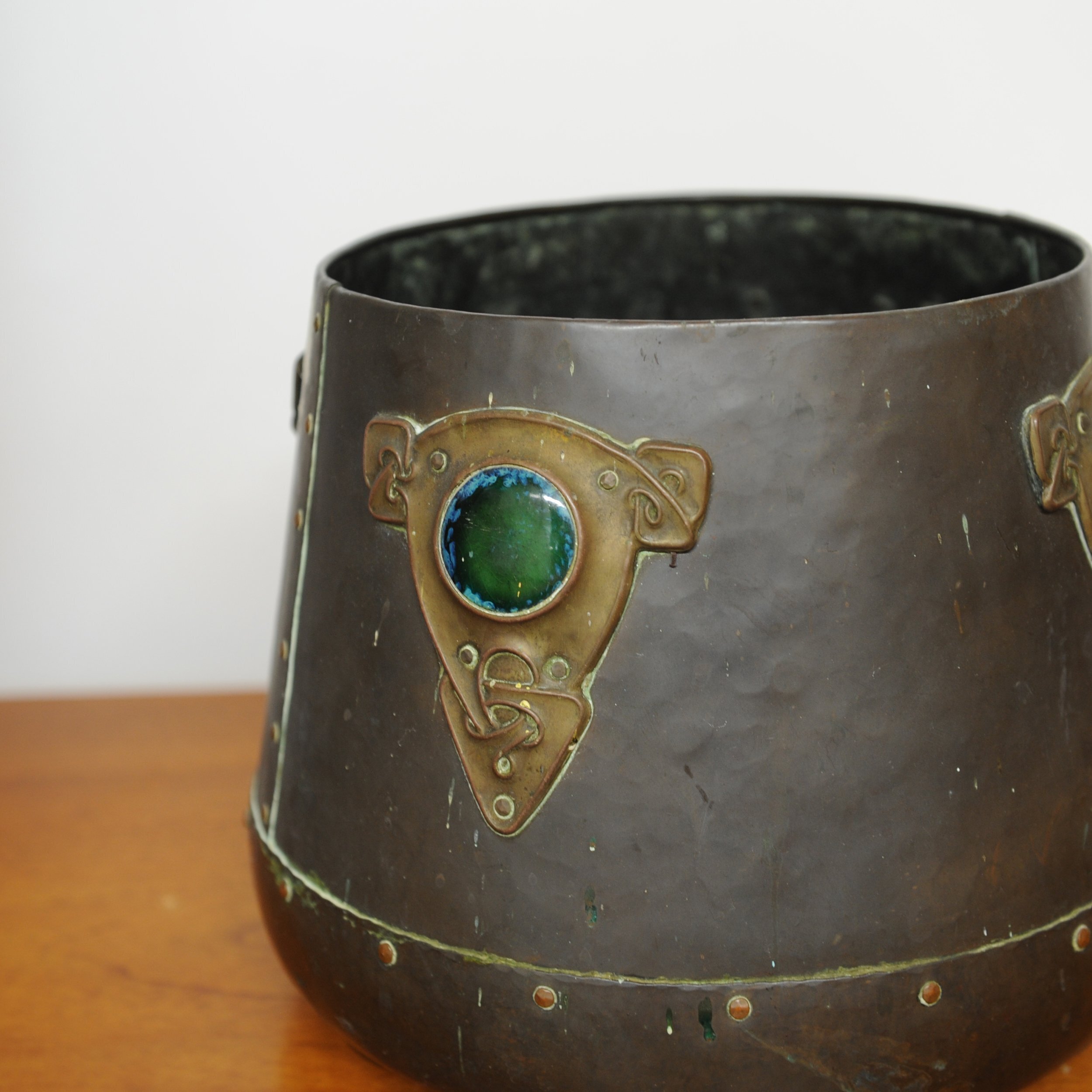 Art Nouveau Metal Cylindrical Plant Pot With Ornate Details & Enamel, 1910