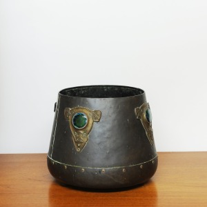 Art Nouveau Metal Cylindrical Plant Pot With Ornate Details & Enamel, 1910