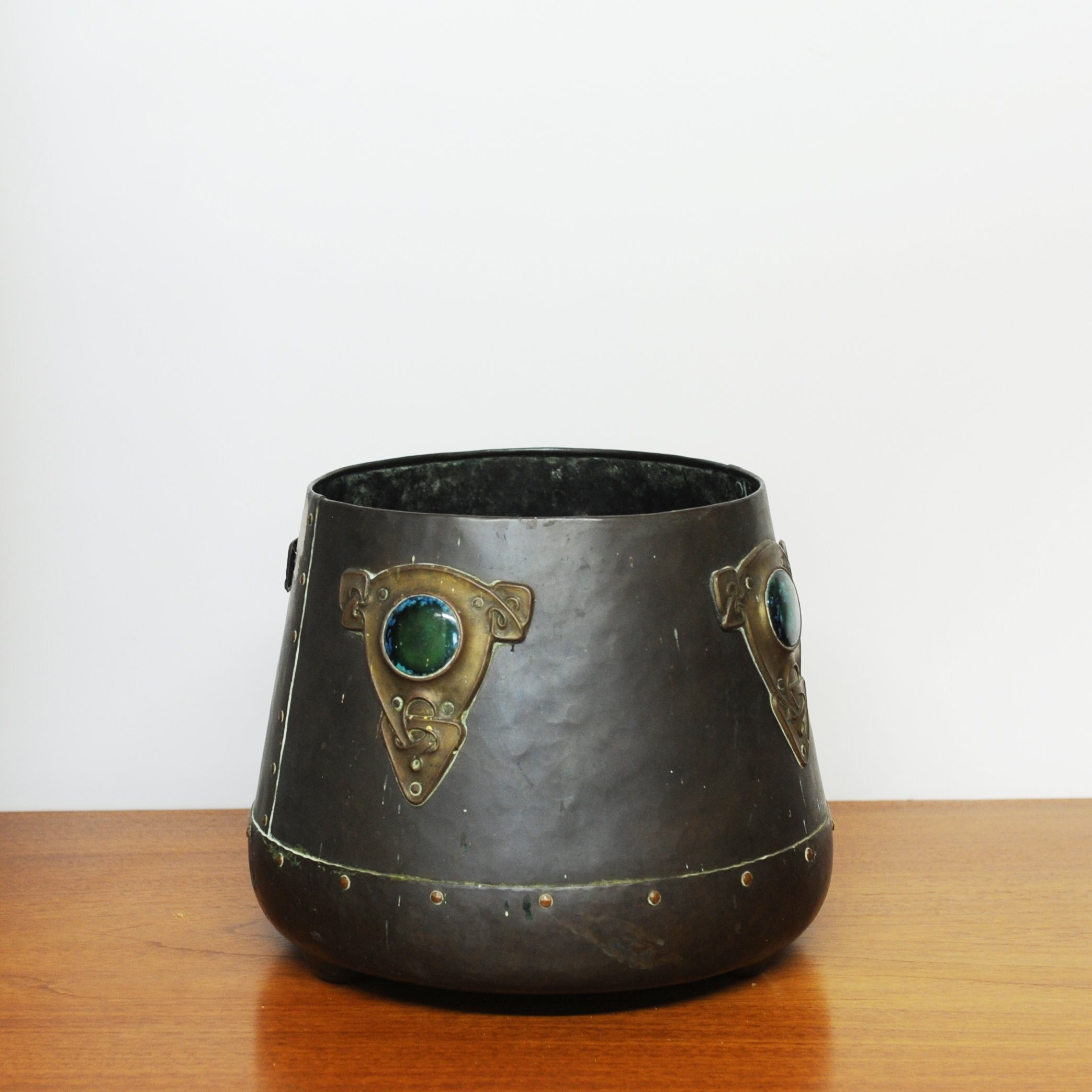 Art Nouveau Metal Cylindrical Plant Pot With Ornate Details & Enamel, 1910