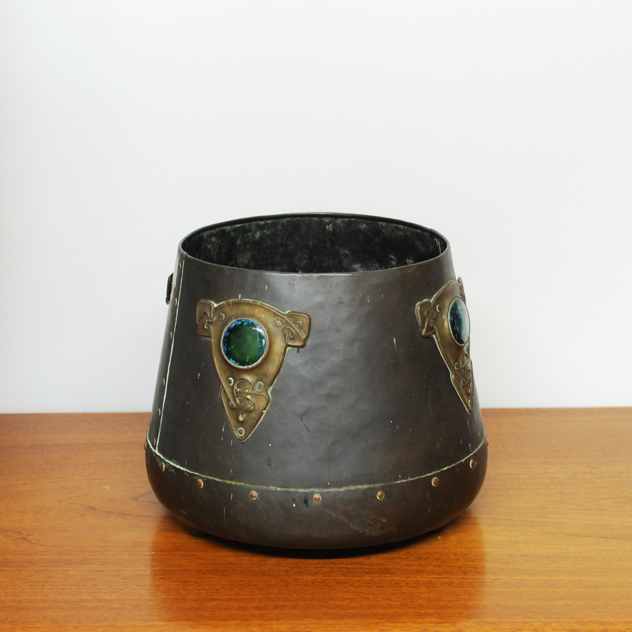 Art Nouveau Metal Cylindrical Plant Pot With Ornate Details & Enamel, 1910